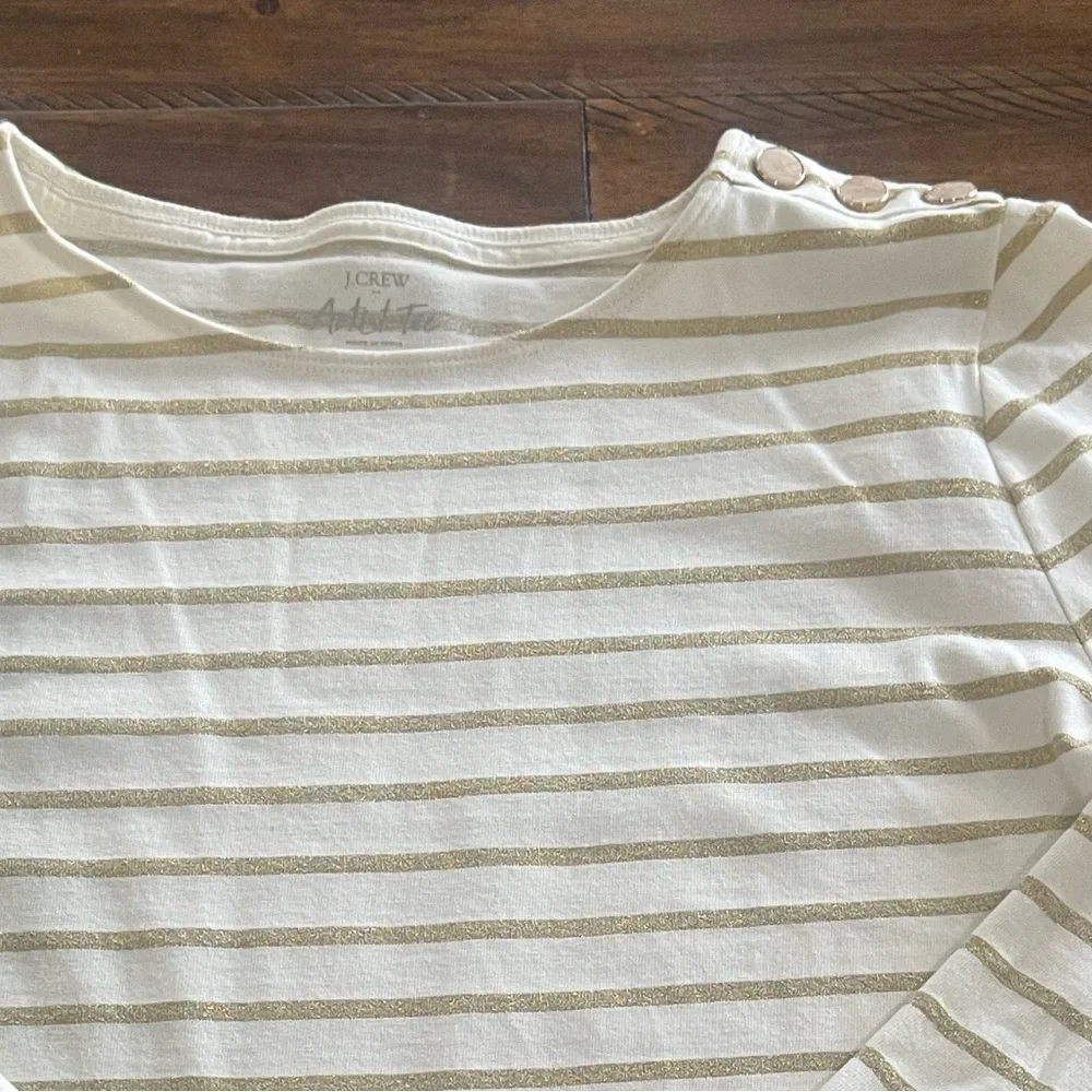 J. Crew Striped long sleeve pullover ivory gold shimmer tee top size M